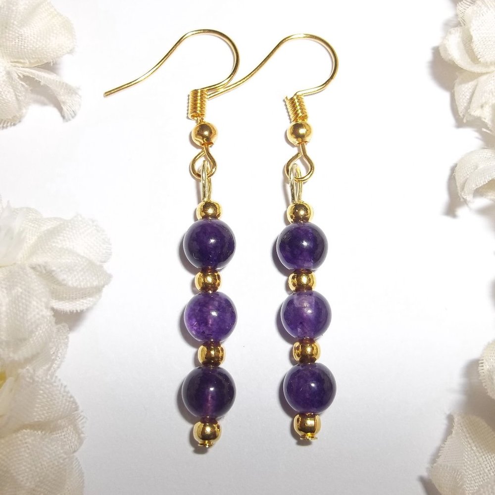 Dark Purple Faux Amethyst & Gold Earrings NWT 6361